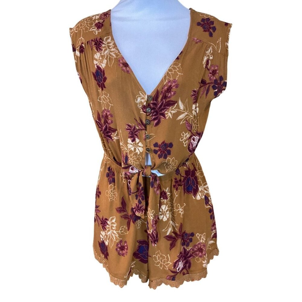 Mason & Belle Brown Floral Sleeveless V-Neck Cutout Tie Elastic Waist Romper Sm
